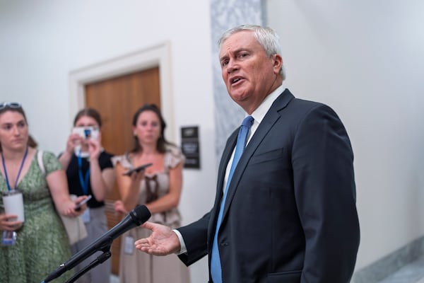 Rep. Jamie Comer, R-Ky., chairman of the House Oversight and Accountability Committee, talks to reporters briefly before hearing testimony from former President Joe Biden's physician, Dr. Kevin O'Connor, part of a broad inquiry by House Republicans looking into Biden's mental state during his time in office, at the Capitol in Washington, Wednesday, July 9, 2025. (AP Photo/J. Scott Applewhite)