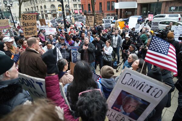 Supporters of Judge Hannah Dugan hold a rally in Milwaukee at the U.S. Courthouse in Milwaukee on Friday, April 25, 2025. (Lee Matz/Milwaukee Independent via AP)