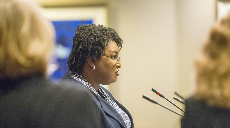 Fair Fight Action founder Stacey Abrams testifies about voting rights in Georgia on Tuesday during a field hearing on voting rights and difficulties facing voters in front of the U.S. House subcommittee at the Carter Center in Atlanta. (ALYSSA POINTER/ALYSSA.POINTER@AJC.COM)