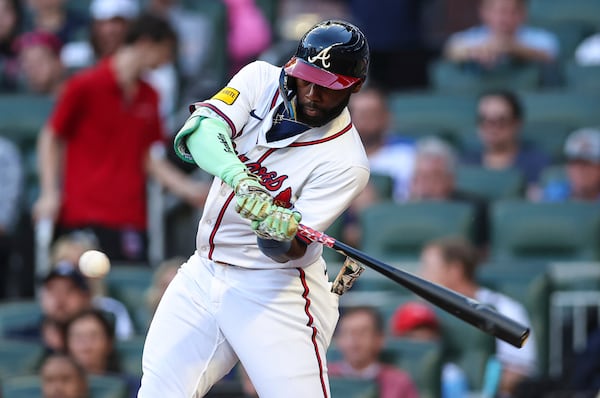 Atlanta Braves' Michael Harris II drives in a run in the third inning of a baseball game against the Washington Nationals, Monday, May 12, 2025, in Atlanta. (AP Photo/Colin Hubbard)