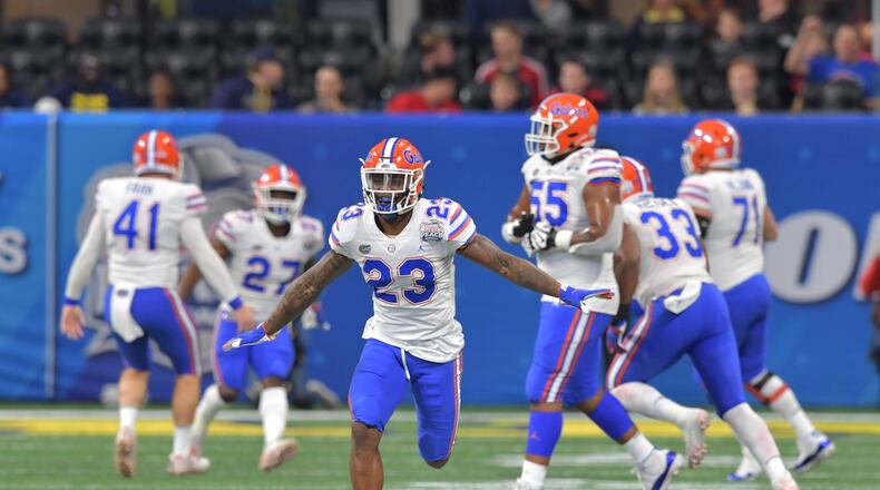 December 29, 2018 Atlanta - Florida Gators defensive back Chauncey Gardner-Johnson (23) reacts in the first half during the Chick-fil-A Peach Bowl at Mercedes-Benz Stadium on Saturday, December 29, 2018. HYOSUB SHIN / HSHIN@AJC.COM