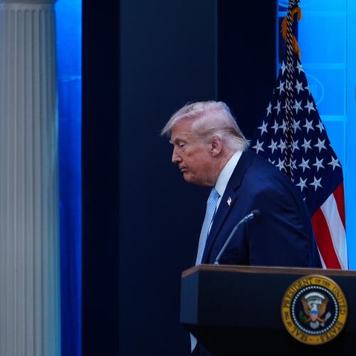 President Donald Trump departs after speaking with reporters during a news conference in the James Brady Press Briefing Room at the White House, Monday, April 6, 2026, in Washington. (AP Photo/Julia Demaree Nikhinson)
