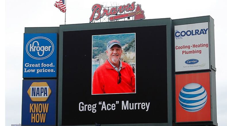 ATLANTA, GA - AUGUST 30: An American flag is lowered to half-staff in memory of a fan, Greg "Ace" Murrey, who fell to his death at the game between the Atlanta Braves and the New York Yankees on August 29, 2015, at Turner Field on August 30, 2015 in Atlanta, Georgia. (Photo by Kevin C. Cox/Getty Images)