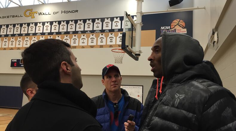 Basketball great Kobe Bryant speaks with media December 5, 2015, at the Zelnak Basketball Center at Georgia Tech. (Courtesy Simit Shah)