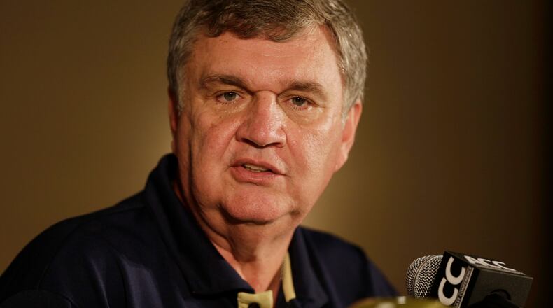 Georgia Tech head coach Paul Johnson speaks to the media at a news conference during the Atlantic Coast Conference college football media day in Greensboro, N.C., Monday, July 22, 2013.