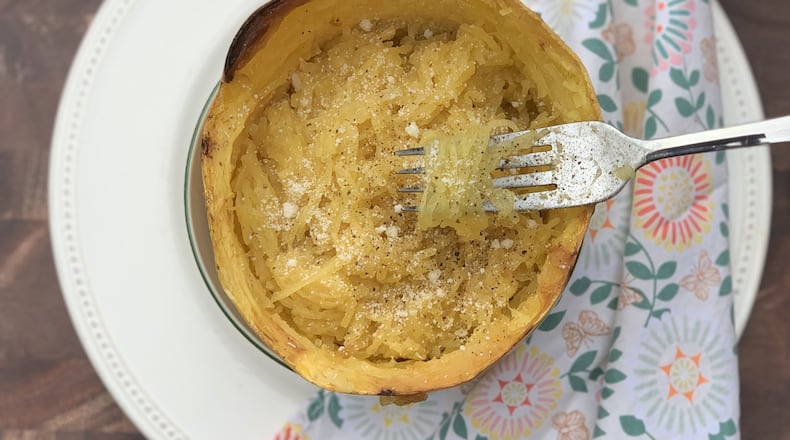 Spaghetti squash shreds into “noodles,” making it a delightfully low-calorie pasta substitute. CONTRIBUTED BY KELLIE HYNES
