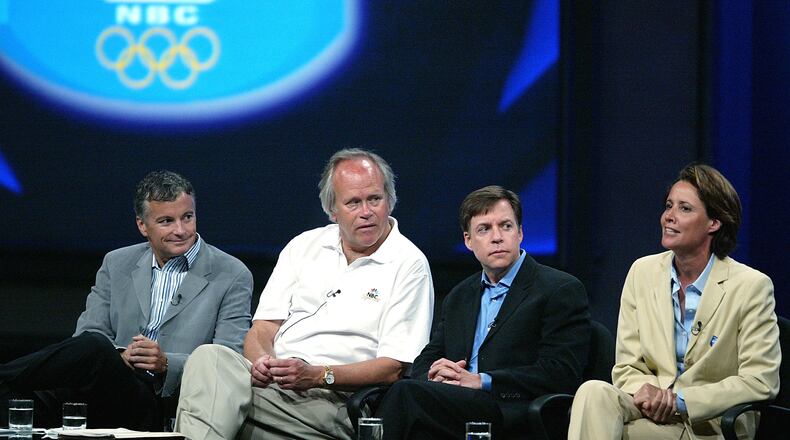 LOS ANGELES - JULY 10: (L to R) "2004 Olympics" executive vice president David Neal, executive producer Dick Ebersol, and hosts Bob Costas and Mary Carillo speak with the press at the 2004 TCA Summer Press Tour at the Century Plaza Hotel on July 10, 2004 in Los Angeles, California. (Photo by Frederick M. Brown/Getty Images)