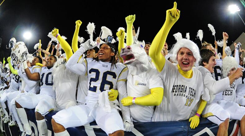 ATLANTA, GA - OCTOBER 4: Zach Allen #26 of the Georgia Tech Yellow Jackets celebrates with fans after the game against the Miami Hurricanes at Bobby Dodd Stadium on October 4, 2014 in Atlanta, Georgia. (Photo by Scott Cunningham/Getty Images) Where will Georgia Tech be spending its bowl trip? A number of bowl projections slot the Yellow Jackets for Orlando and the Russell Athletic Bowl. (GETTY IAMGES)