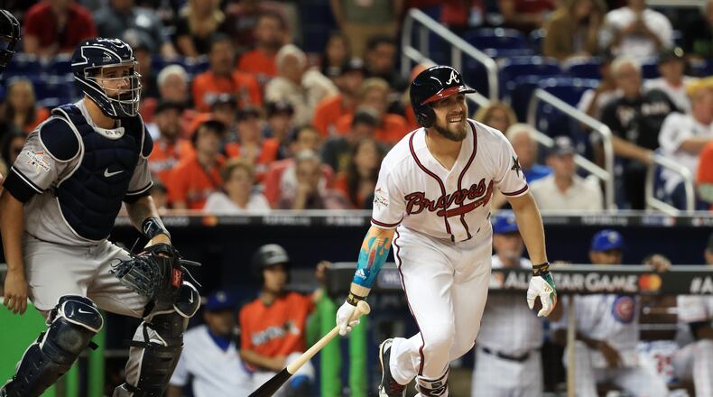 Ender Inciarte of the Atlanta Braves and the National League swings at a pitch during the 88th MLB All-Star Game at Marlins Park on July 11, 2017 in Miami, Florida.  (Photo by Mike Ehrmann/Getty Images)
