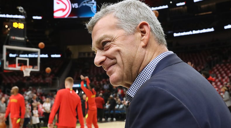 Hawks owner Tony Ressler watches as his team prepares to play the Orlando Magic in the home opener Saturday, October 26, 2019, in Atlanta.   Curtis Compton/ccompton@ajc.com