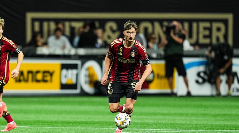 Atlanta United midfielder Alexey Miranchuk #59 dribbles up the field during the match against the Nashville SC at Mercedes-Benz Stadium in Atlanta, GA on Saturday September 14, 2024. (Photo by Madelaina Polk/Atlanta United)