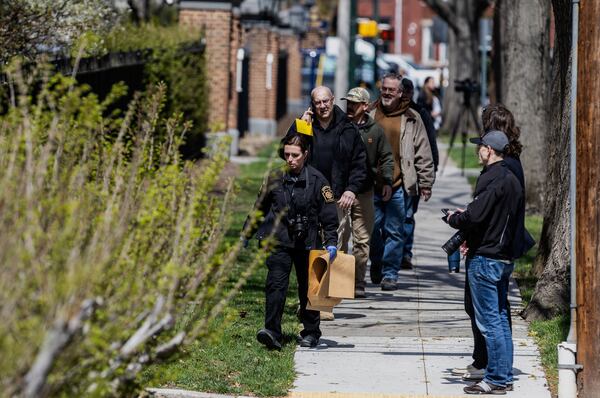 Police investigate Gov. Josh Shapiro's residence after someone set fire to the building on Sunday, April 13, 2025 in Harrisburg, Pa. (Sean Simmers/The Patriot-News via AP)