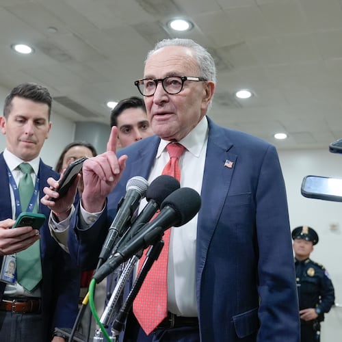 Sen. Minority Leader Chuck Schumer of N.Y., speaks with reporters at the Capitol Subway on the 36th day of the government shutdown, Wednesday, Nov. 5, 2025, in Washington. (AP Photo/Mariam Zuhaib)