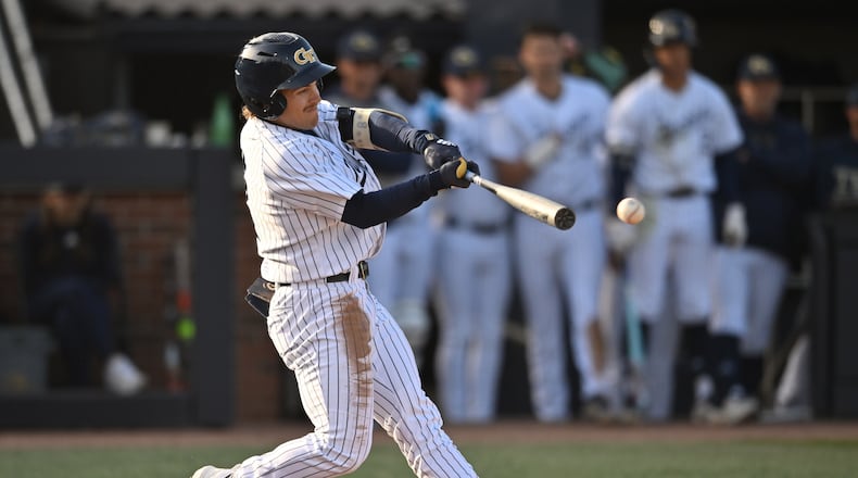 Georgia Tech outfielder Drew Burress swings during the third inning of a game against Georgia State at Georgia Tech’s Russ Chandler Stadium on Tuesday, Feb. 24, 2026, in Atlanta. (Hyosub Shin/AJC)