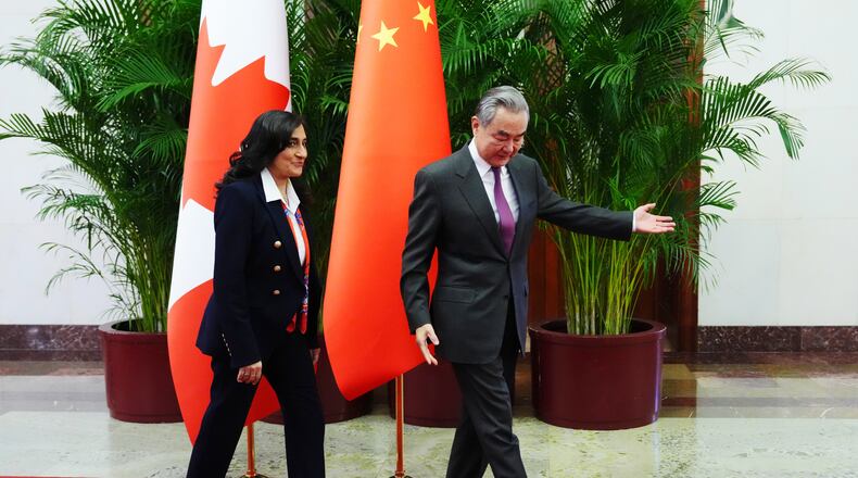 Canada's Foreign Minister Anita Anand, left, meets with Chinese Foreign Minister Wang Yi at the Great Hall of the People in Beijing, China Thursday, Jan. 15, 2026. (Sean Kilpatrick/The Canadian Press via AP)