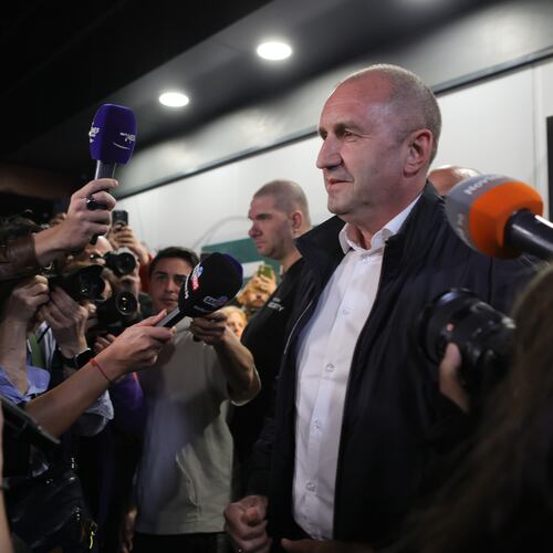 Former Bulgarian President Rumen Radev speaks to journalists after the polls closed in Sunday's election, in Sofia, Bulgaria, April 19, 2026. (AP Photo/Valentina Petrova)