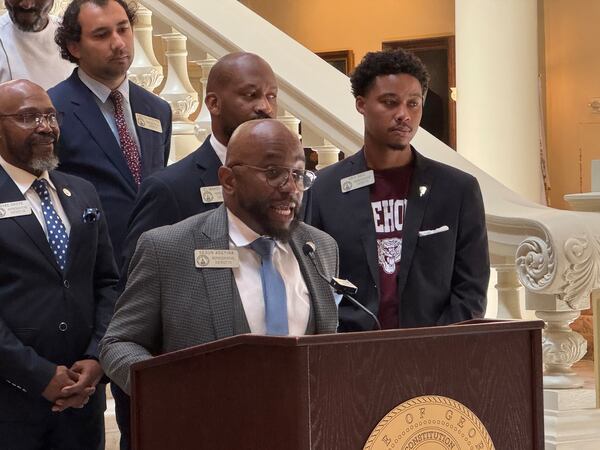 State Rep. Segun Adeyina, D-Grayson, spoke at a news conference on Wednesday at the Capitol in Atlanta.