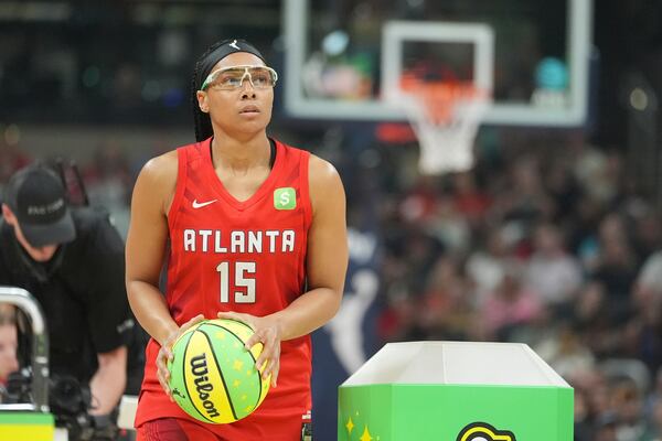 Atlanta Dream's Allisha Gray shoots during the 3-point contest at the WNBA All-Star basketball weekend, Friday, July 18, 2025, in Indianapolis. (AP Photo/Michael Conroy)
