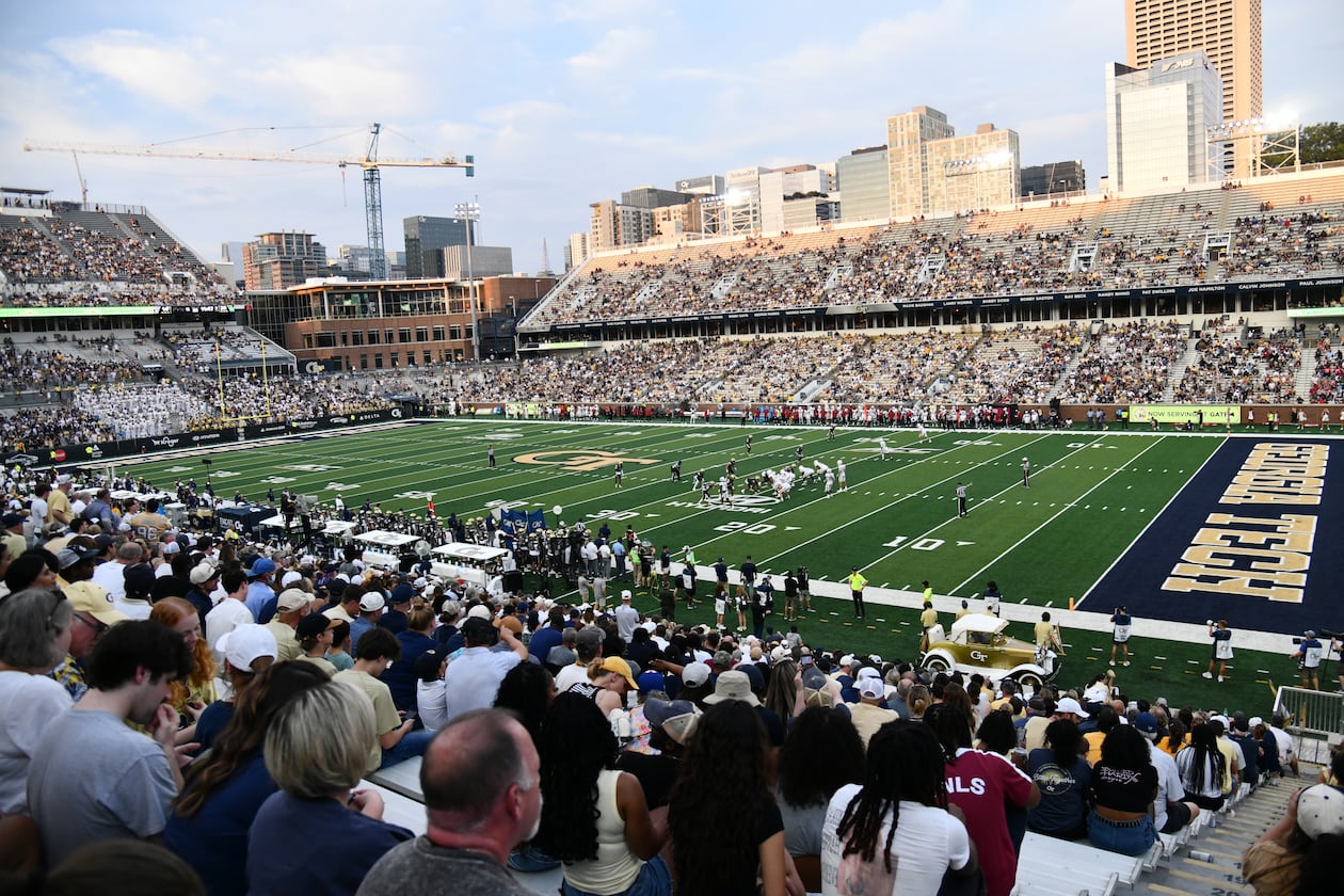 Fans watch during the second half of an NCAA college football game at Georgia Tech's Bobby Dodd Stadium, Saturday, September 20, 2025, in Atlanta. Georgia Tech won 45-24 over Temple. (Hyosub Shin / AJC)