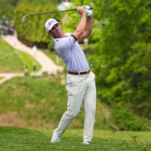 Billy Horschel hits from the first fairway during the second round of the PGA Championship golf tournament at Aronimink Golf Club, Friday, May 15, 2026, in Newtown Square, PA. (AP Photo/Carolyn Kaster)