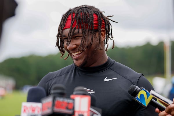 Brandon Dorlus is a young, ascending chess piece on the Falcons’ defensive line. He proved it last season, and he’s spent this offseason putting the same impression on his new teammates. (Miguel Martinez/AJC 2025)