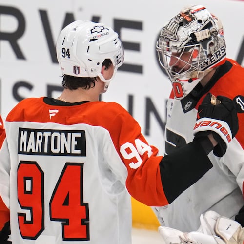 Philadelphia Flyers goaltender Dan Vladar (80) celebrates with Porter Martone (94) after time ran out in Game 2 in the first round of the NHL Stanley Cup playoffs against the Pittsburgh Penguins in Pittsburgh, Monday, April 20, 2026. (AP Photo/Gene J. Puskar)