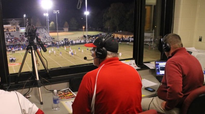 Clarke Central broadcasters Buster Crumpton and Chuck Wegmann call a Gladiators football game. (courtesy of Buster Crumpton).