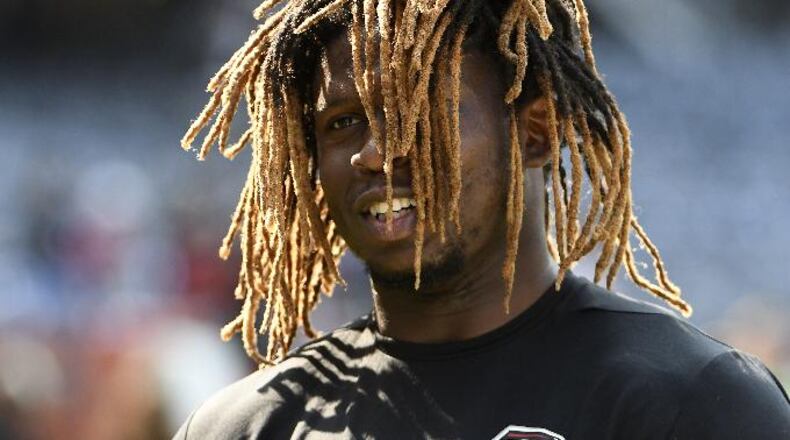 CHICAGO, IL - SEPTEMBER 10: Takkarist McKinley #98 of the Atlanta Falcons warms up prior to the game against the Chicago Bears at Soldier Field on September 10, 2017 in Chicago, Illinois. (Photo by David Banks/Getty Images)