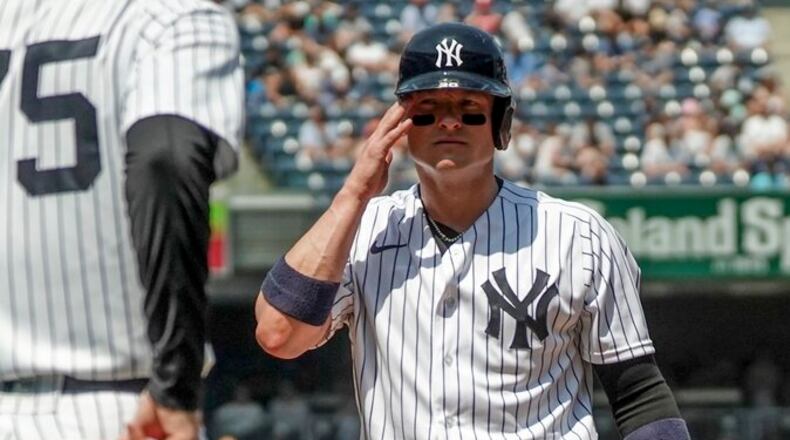 New York Yankees' Josh Donaldson (28) steps back to first base during the third inning of a baseball game against Chicago White Sox, Saturday May 21, 2022, in New York. (AP Photo/Bebeto Matthews)