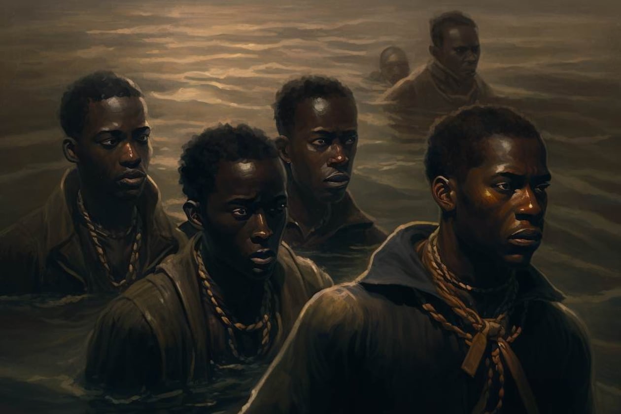 Charlotte, North Carolina-based artist and portrait photographer Criss Ford’s rendition of the Igbo people escaping into the sea off of the coast of Georgia. Instead of submitting to slavery. The work is crucial to Ford, as he is a member of the Gullah-Geechee, with roots to Nigeria.