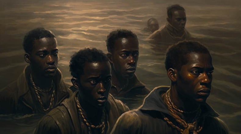Charlotte, North Carolina-based artist and portrait photographer Criss Ford’s rendition of the Igbo people escaping into the sea off of the coast of Georgia. Instead of submitting to slavery. The work is crucial to Ford, as he is a member of the Gullah-Geechee, with roots to Nigeria.