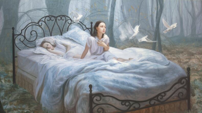 Dorian Vallejo’s “Awakening,” 2012, oil on canvas, is featured at Tew Galleries.