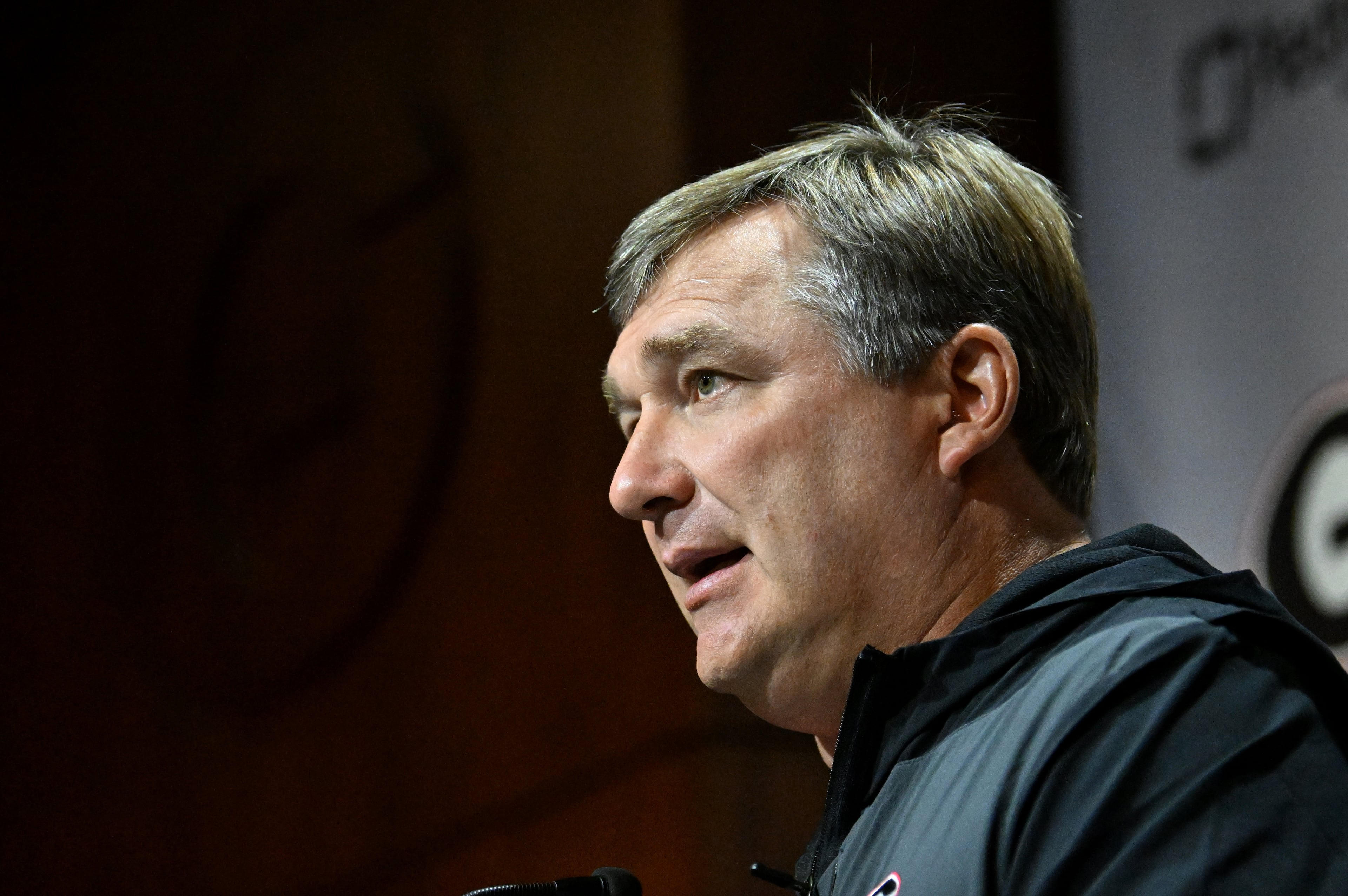 Kirby Smart talks to reporters after a recent practice.