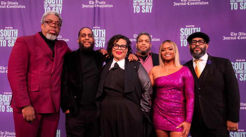 AJC hip-hop documentary filmmakers, (back row, left to right) writer/producer Ernie Suggs, co-director Ryon Horne, Byron Horne, co-director Tyson A. Horne and (front row) supervising producer Sandra Brown and writer/producer DeAsia Paige pose Nov. 2, 2023 outside Center Stage in Atlanta before the premiere of “The South Got Something to Say." Courtesy of Lauren Hubbard