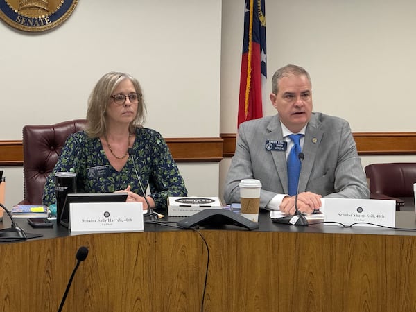 State Sens. Sally Harrell, D-Atlanta, and Shawn Still, R-Johns Creek, preside over a committee hearing in Atlanta on Wednesday.