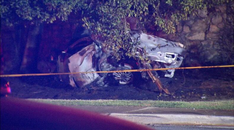 An 18-year-old driver was killed late Sunday in a fiery, single-car crash in DeKalb County. (Credit: Channel 2 Action News)