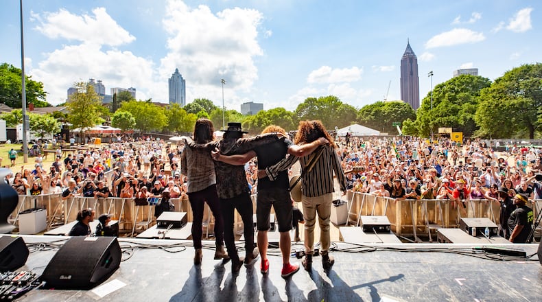 Dirty Honey performs on the third and final day of this year's Shaky Knees Festival on Sunday, May 1, 2022, at Central Park in Atlanta. (Photo by Ryan Fleisher for The Atlanta Journal-Constitution)