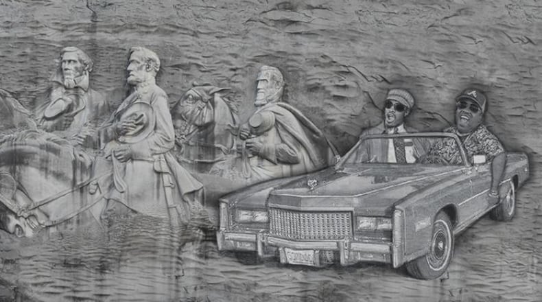 Mack Williams, the artist behind this rendering of Daddy Fat Sacks and Three Stacks riding in a Cadillac, started a petition to add Outkast to Stone Mountain. (Credit: Mack Williams)