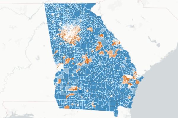 The blue represents precincts that voted for Supreme Court Justice Charlie Bethel. The orange represent precincts that voted for challenger Miracle Rankin. (AJC)