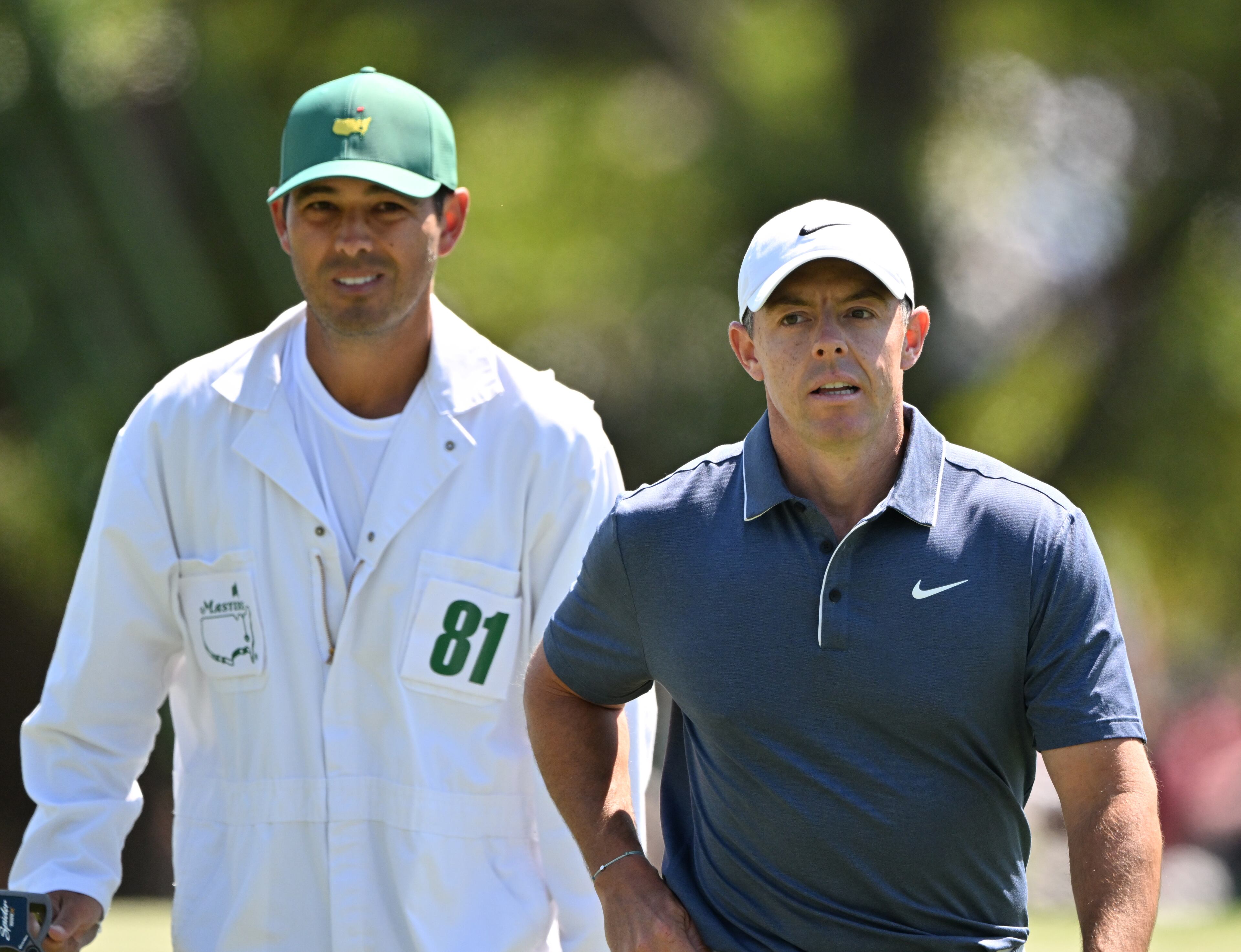 Rory McIlroy and caddie Harry Diamond after birdie putt on third hole during final round of the Masters golf tournament, at Augusta National Golf Club, Saturday, April 13, 2025, in Augusta, Ga. (Hyosub Shin / AJC)