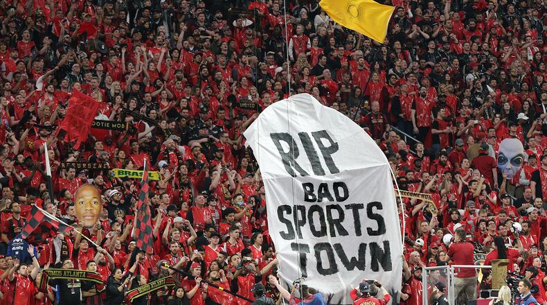 Who says Atlanta is a bad sports town as Atlanta United fans fill the stadium and cheer their team in the home opener against D.C. United in a MLS soccer game on Sunday, March 11, 2018, in Atlanta.    Curtis Compton/ccompton@ajc.com