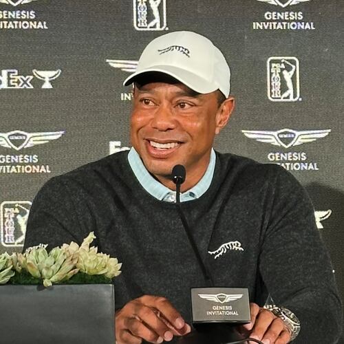 Tiger Woods speaks to the media at Riviera Country Club in Los Angeles, Tuesday, Feb. 17, 2026, ahead of the Genesis Invitational, where he is the tournament host. (AP Photo/Doug Ferguson)