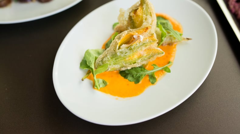 Ricotta Stuffed Fried Squash Blossoms With Pimento Puree and Arugula