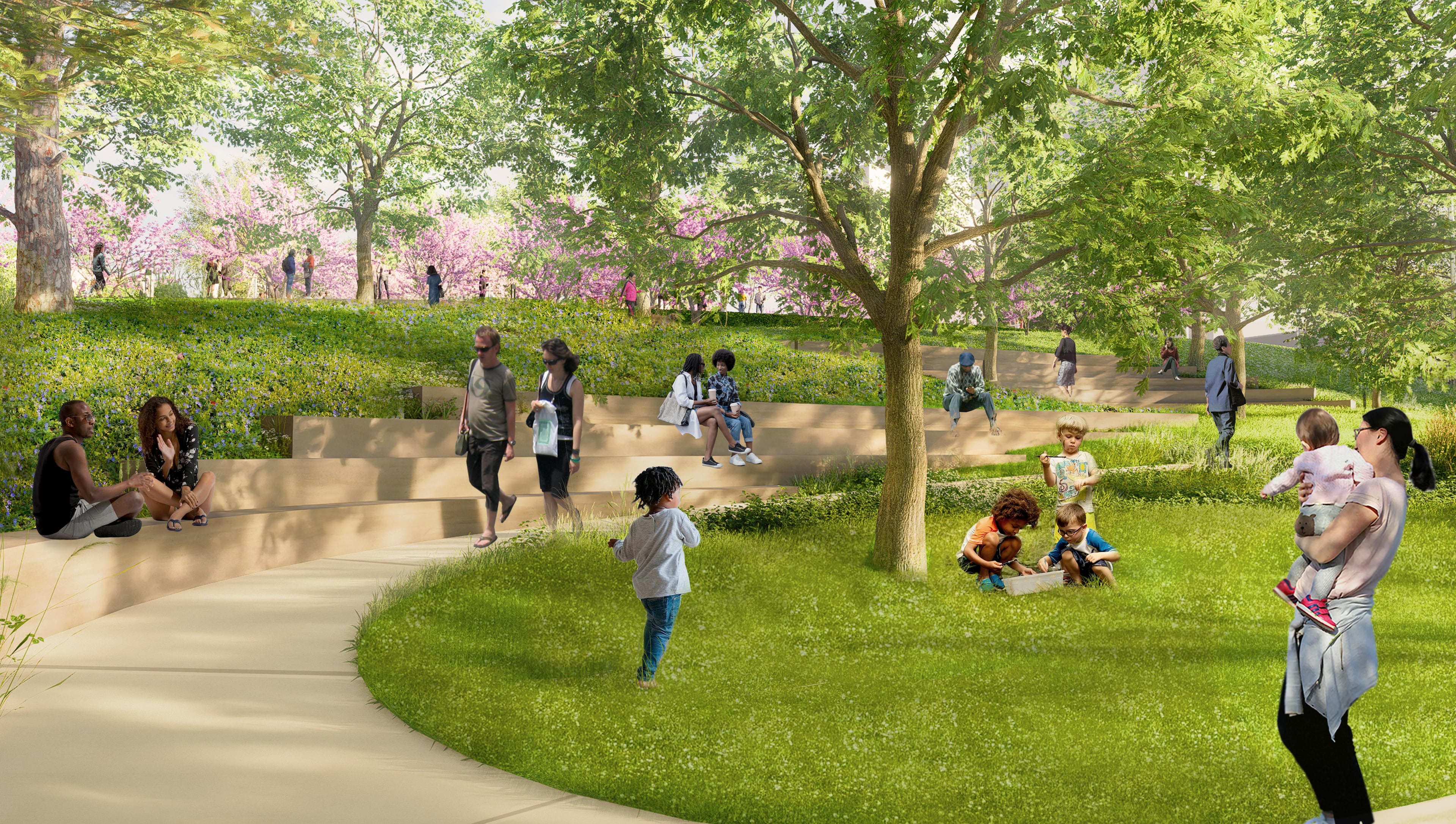 This rendering shows a planned public space called Terrace Meander within the first phase of the Stitch. The renderings, described as “true-to-life,” showcase the full vision of the Stitch’s first phase for a 5-acre park. (Courtesy of Atlanta Downtown Improvement District)