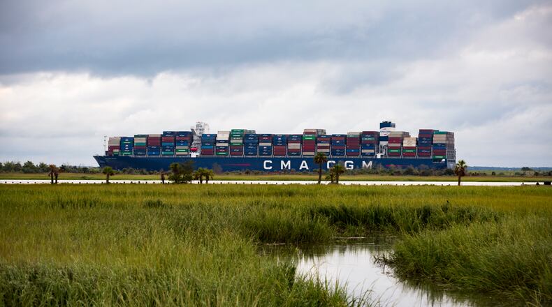 TYBEE ISLAND, GA - SEPTEMBER 18, 2020: The CMA CGM Brazil sails past the marshes along the Savannah River as it makes its way up river to the Georgia Ports Authority's Garden City Terminal, Friday, Sept., 18, 2020, in Tybee Island, Ga. (AJC Photo/Stephen B. Morton)