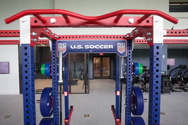 A U.S. Soccer logo is emblazoned on equipment at the gym at  the Arthur M. Blank U.S. Soccer National Training Center in Fayetteville on Thursday, May 7, 2026. (Arvin Temkar/AJC)