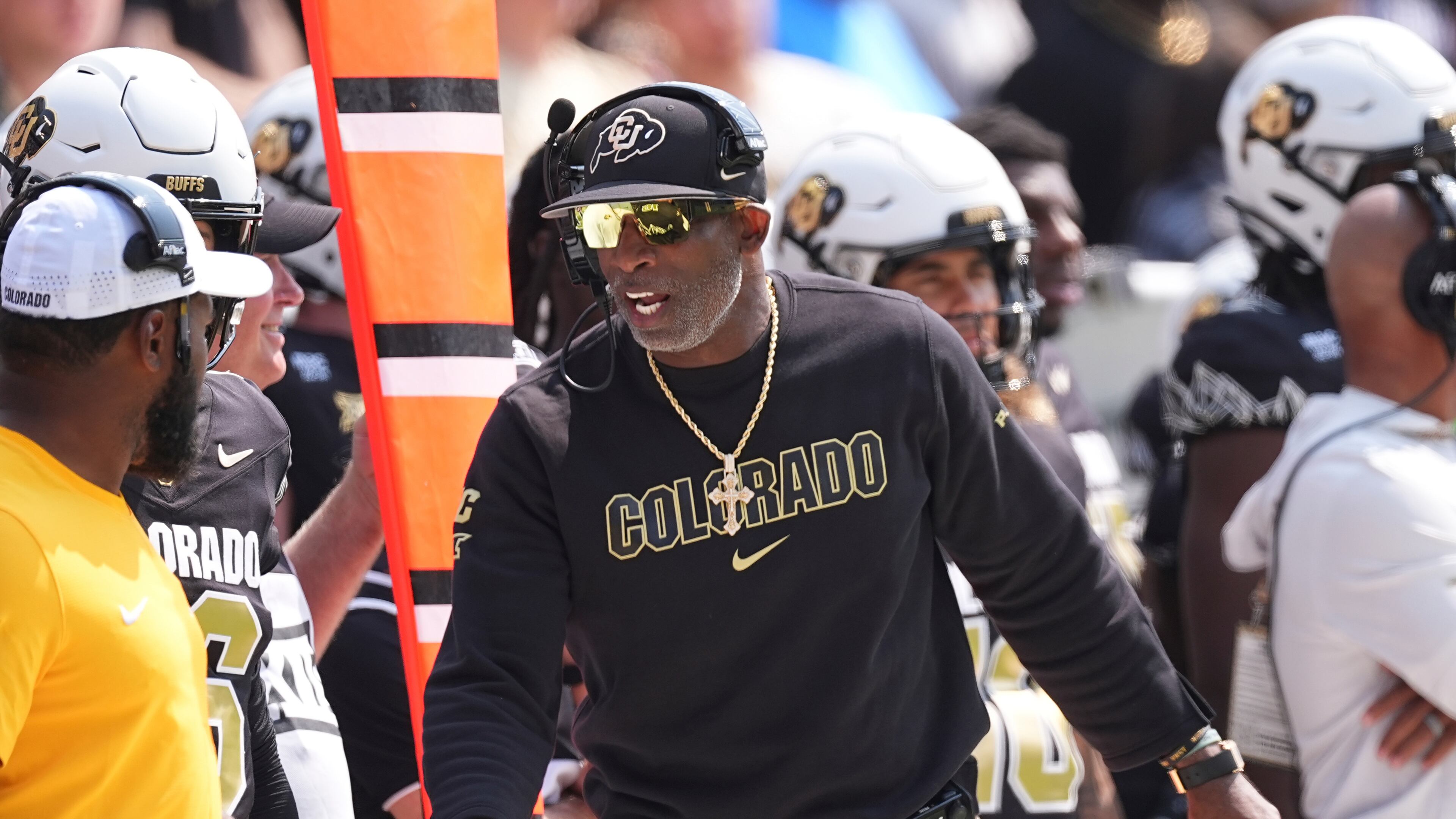 Colorado head coach Deion Sanders directs players in the first half of an NCAA college football game against Delaware Saturday, Sept. 6, 2025, in Boulder, Colo. (AP Photo/David Zalubowski)