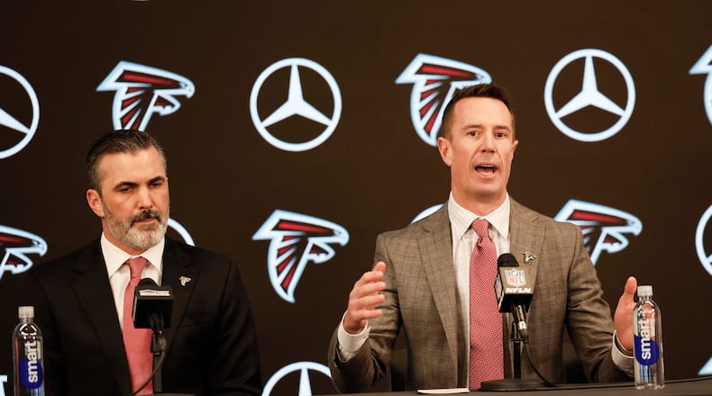 Atlanta Falcons President of Football Matt Ryan speaks to the media during Kevin Stefanski's introductory news conference at Mercedes-Benz Stadium on Tuesday, Jan. 27, 2026, in Atlanta. (Miguel Martinez/AJC)