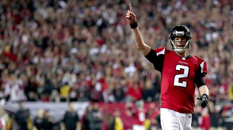 Falcons quarterback Matt Ryan reacts after a touchdown in the fourth quarter against the Packers on Sunday. (Photo by Tom Pennington/Getty Images)