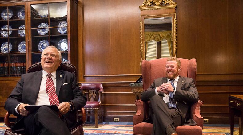 12/19/2018 -- Atlanta, Georgia -- Georgia Governor Nathan Deal (left) and his chief of staff Chris Riley share a laugh while reminiscing on Deal's legacy as a two term governor in his office at the Georgia State Capitol building in Atlanta, Wednesday, December 19, 2018.  (ALYSSA POINTER/ALYSSA.POINTER@AJC.COM)